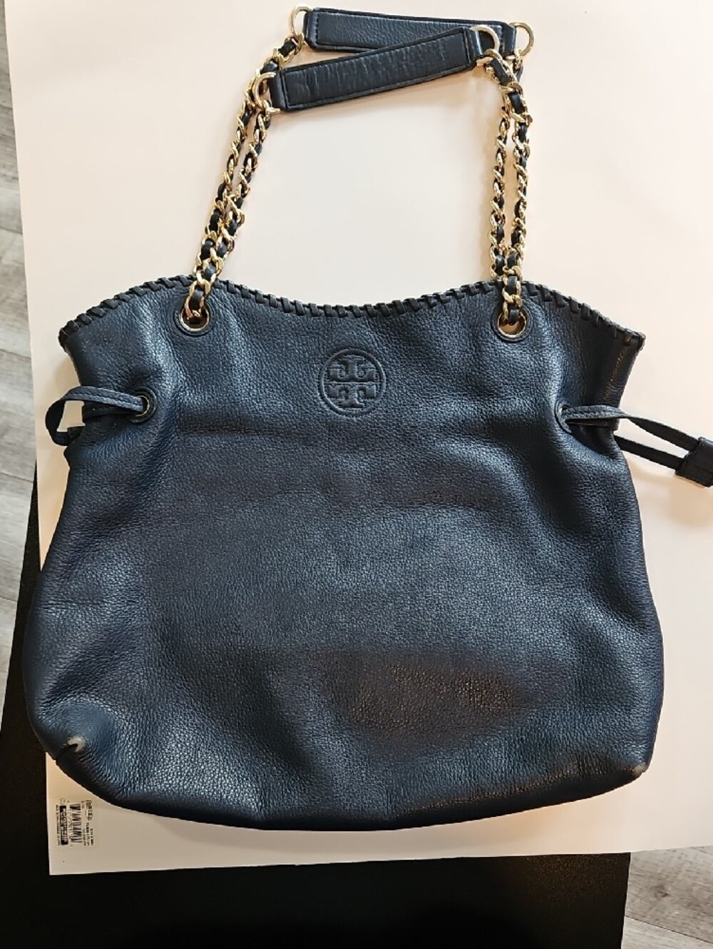 Tory Burch Navy Leather Shoulder Strap with Gold Chain Detail
